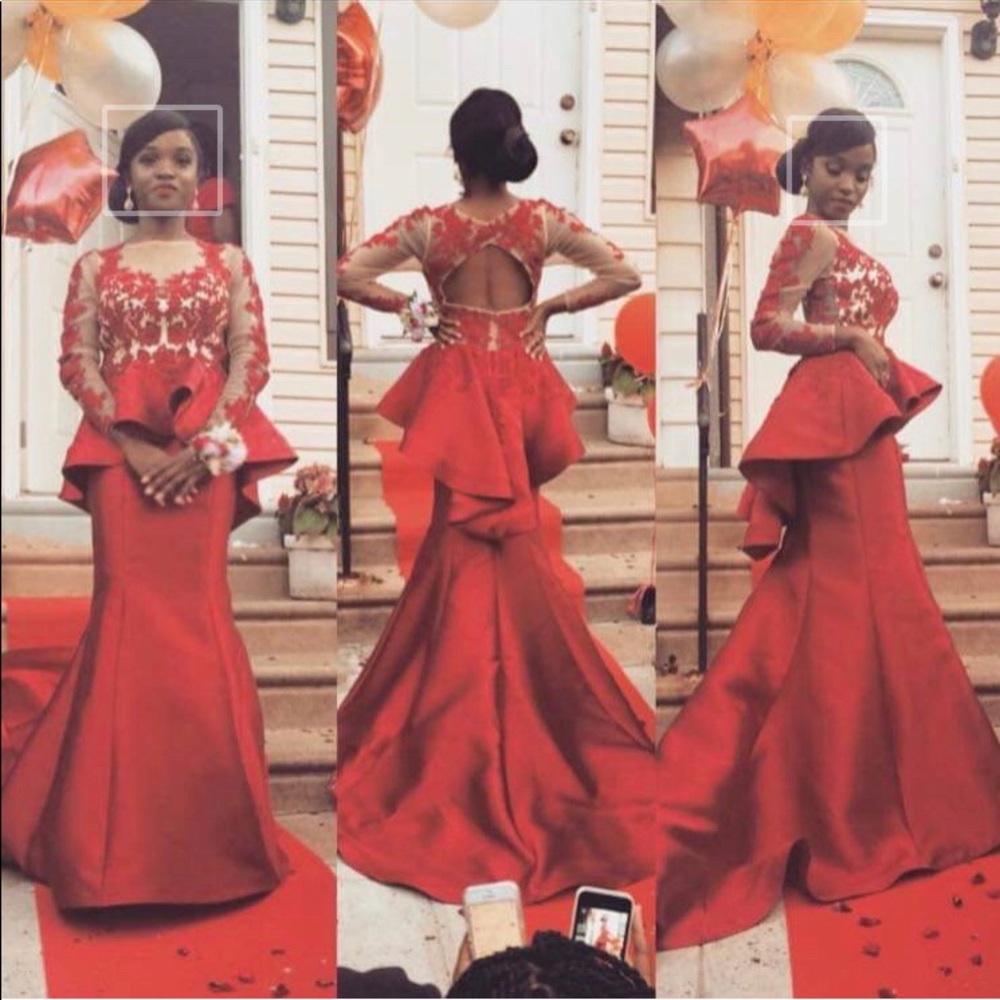 A "V" neckline lace red long formal dress